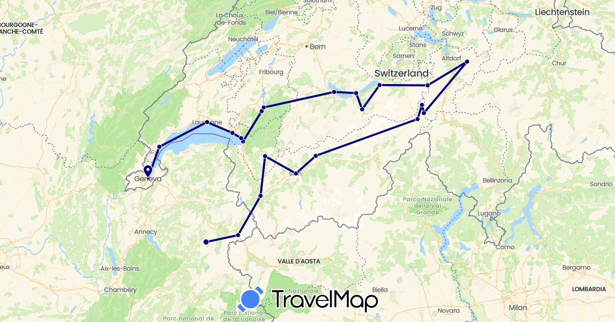 TravelMap itinerary: driving in Switzerland, France (Europe)